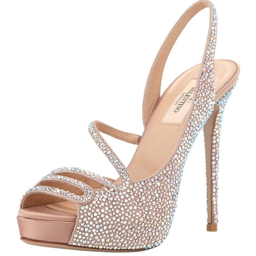 Valentino Garavani Platform, Slingback Stilettos with Crystals - Size 37.5
